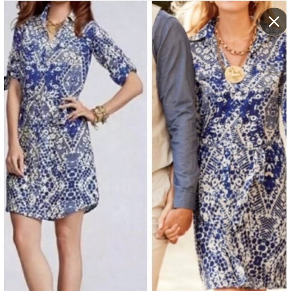 CAbi #422 Blue Jewel Geometric Print Roll Tab Shirt Dress Women's size Small